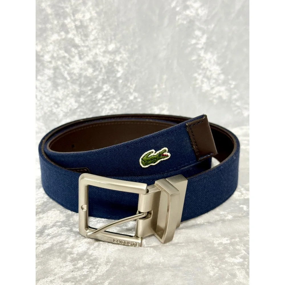 Lacoste Mens Reversible Belt Navy Canvas Brown Leather Silver Buckle Logo Sz 32